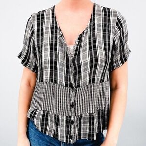 Adrian Jordan Black White Plaid Smocked Babydoll Top Button Front Blouse 18/20
